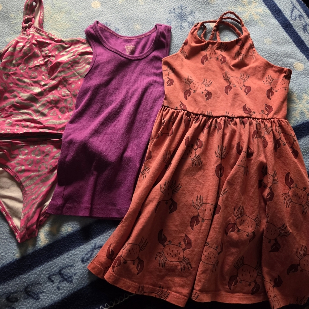 Tea Collection Adorable Kids Pink Crab Print Dress In Size 7, Swim Suit 6, Top